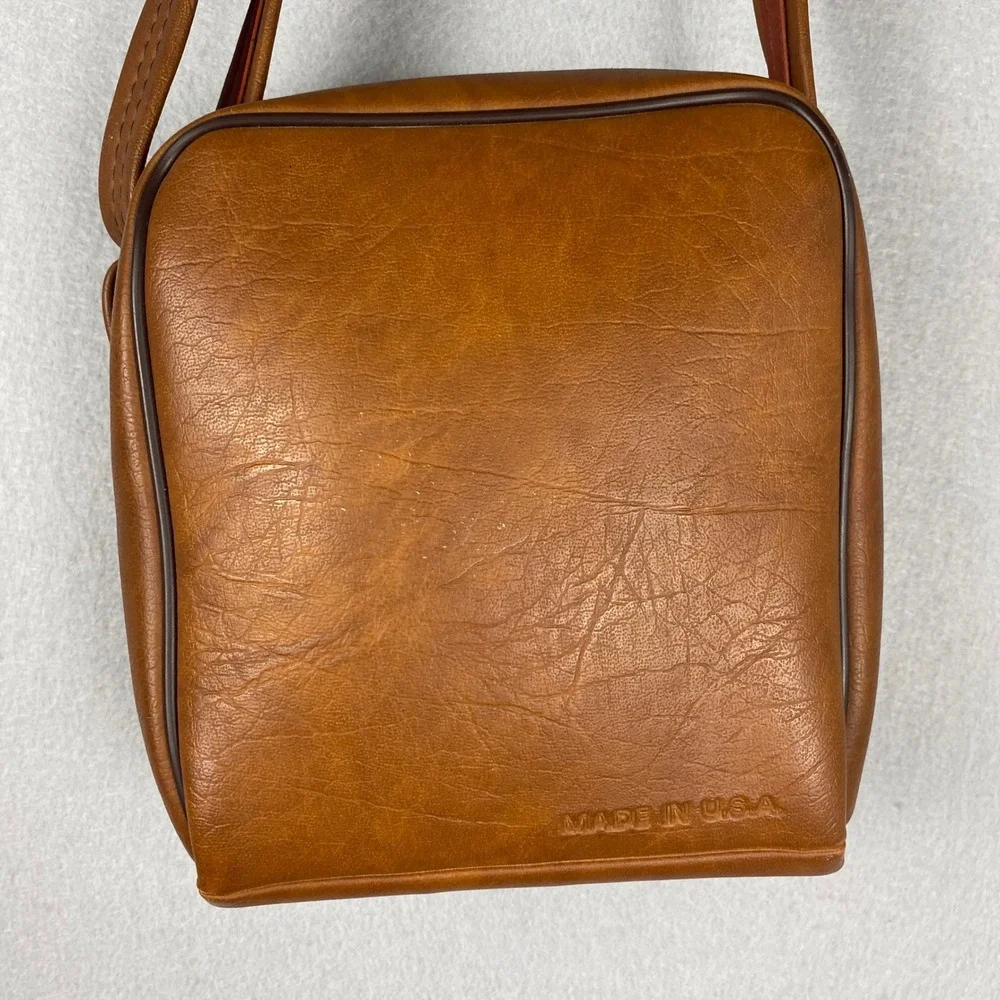 Vintage Kodak Brown Faux Leather Camera Bag Rainbow Logo Crossbody Made in USA